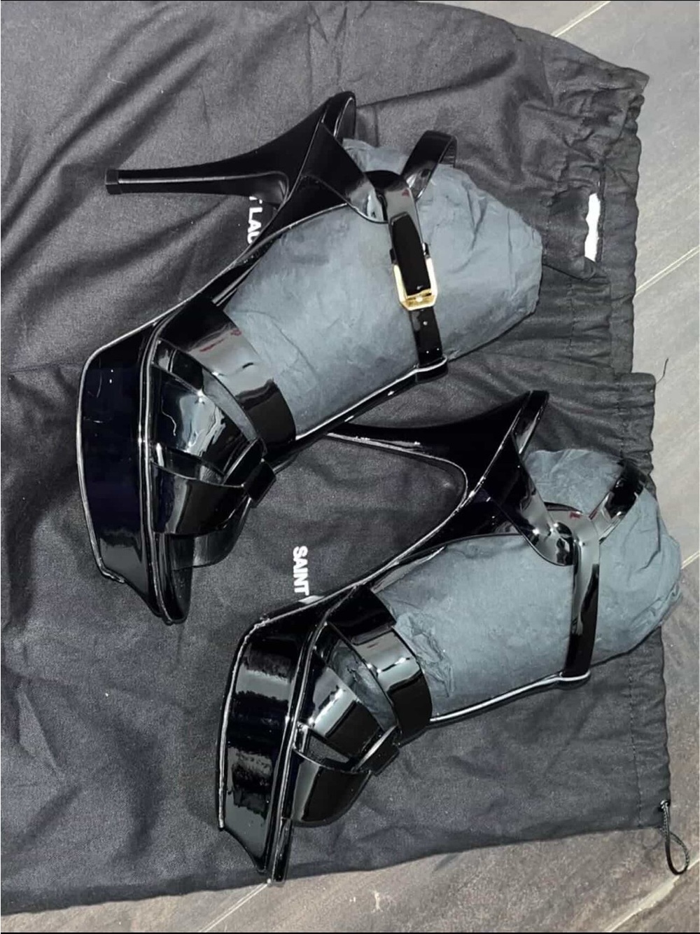 Saint Laurent Black Patent Platform Sandals with Gold Buckle